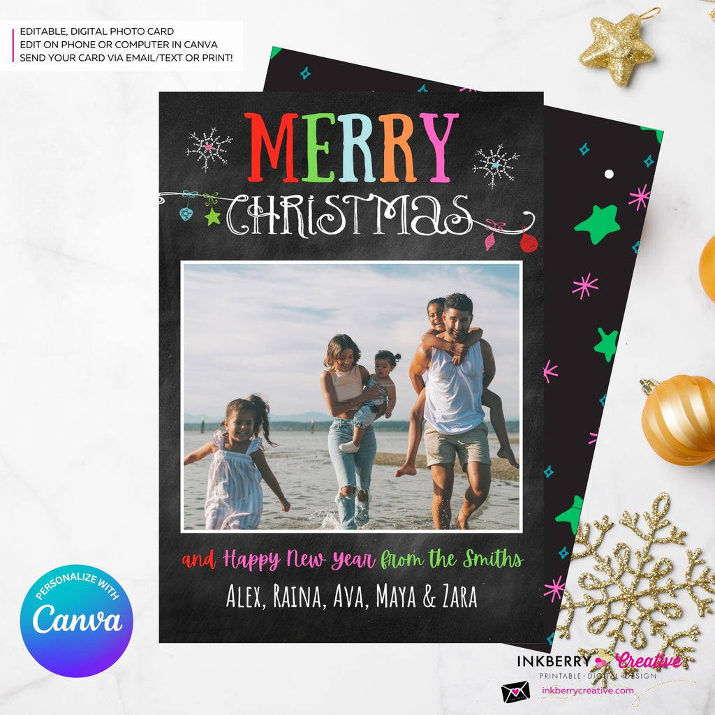 Chalkboard Ornaments Merry Christmas Photo Card, Family Holiday Photo Card, Email Christmas Card, Editable in Canva
