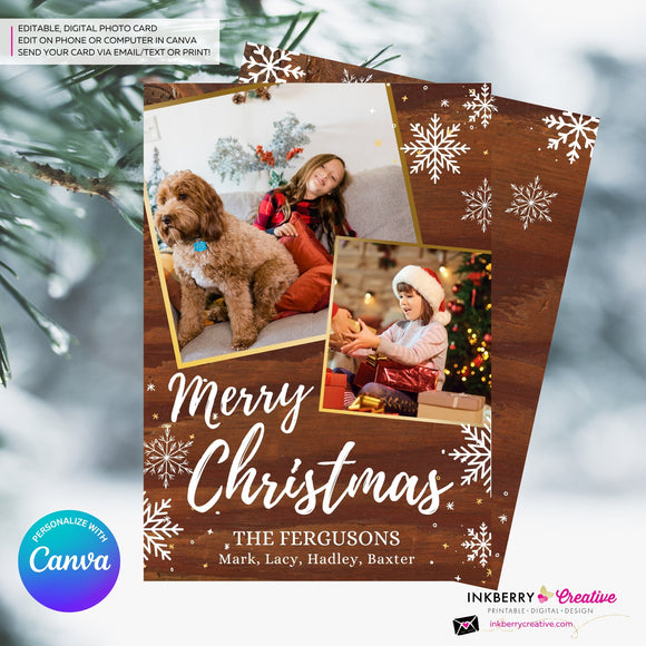 Woodgrain Gold and Snowflakes Christmas Photo Card, Family Holiday Photo Card, Custom Colors, Email Christmas Card, Editable in Canva