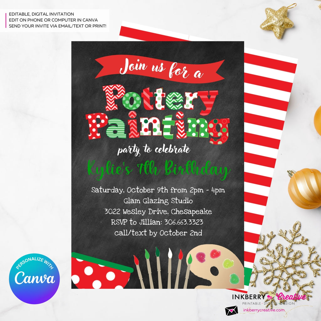 Christmas Pottery Painting Party Invitation - Editable in Canva