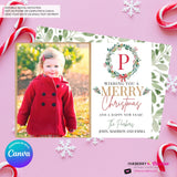 Family Monogram Colorful Christmas Wreath Photo Card, Family Holiday Photo Card, Custom Colors, Email Christmas Card, Editable in Canva
