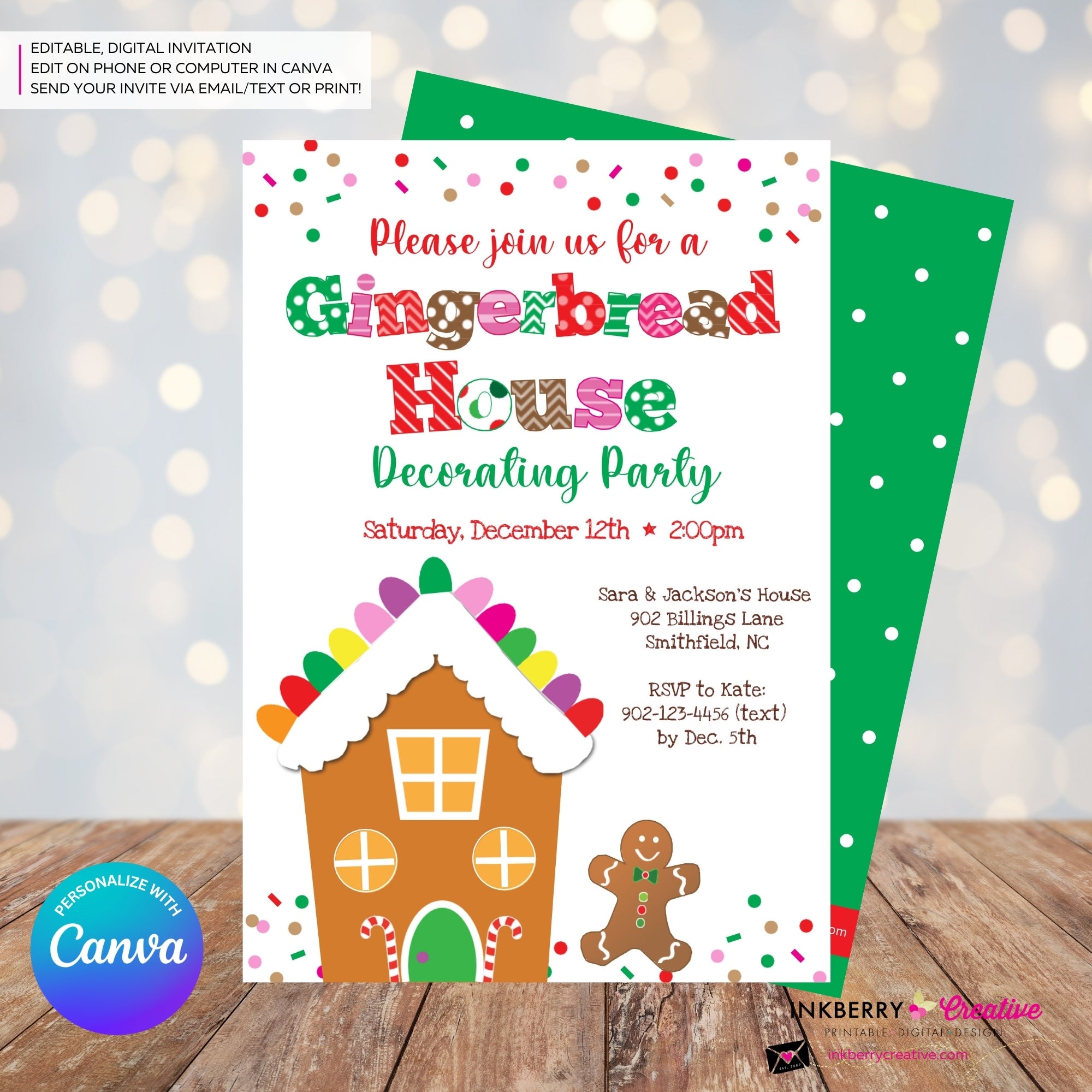 Gingerbread House Gum Drops & Sprinkles Decorating Christmas Party Invitation - Editable in Canva