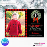Family Monogram Buffalo Check Christmas Wreath Photo Card, Family Holiday Photo Card, Custom Colors, Email Christmas Card, Editable in Canva