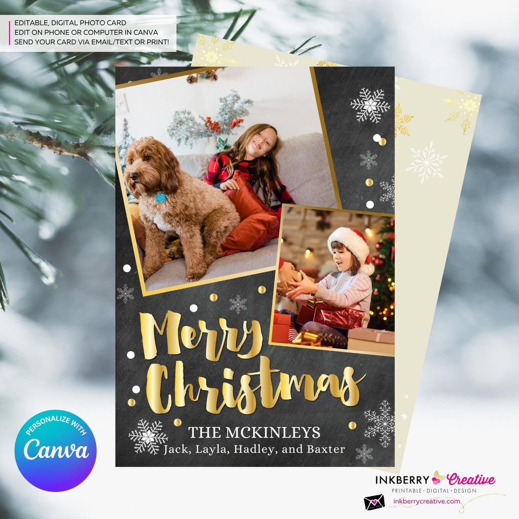 Chalkboard Silver and Gold Snow Merry Christmas Photo Card - Edit in Canva