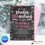 Whimsical Winter Wonderland 1st Birthday Invite - Snowflake Chalkboard Theme - ONEderland - Pink Gold, Personalize and Edit in Canva