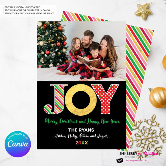Big Joy Gold and Patterns Christmas Photo Card, Family Holiday Photo Card, Custom Colors, Email Christmas Card, Editable in Canva
