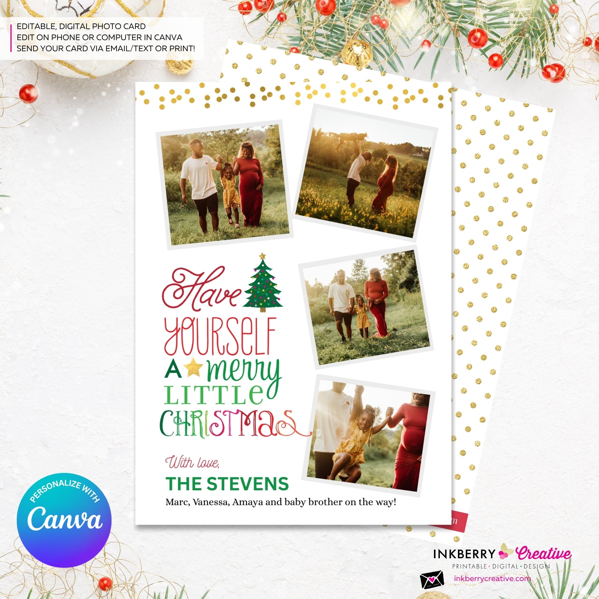 Merry Little Christmas Snapshots 4 Photo Christmas Card, Family Holiday Photo Card, Multi-photo, Email Christmas Card, Editable in Canva