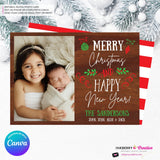Woodgrain Ornament Doodles Christmas Photo Card, Family Holiday Photo Card, Custom Colors, Email Christmas Card, Editable in Canva