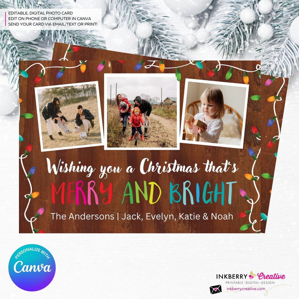 Woodgrain Merry and Bright Christmas Lights 3 Photo Christmas Card - Retro Christmas Bulbs String of Lights - Edit in Canva