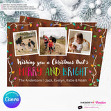 Woodgrain Merry and Bright Christmas Lights 3 Photo Christmas Card - Retro Christmas Bulbs String of Lights - Edit in Canva