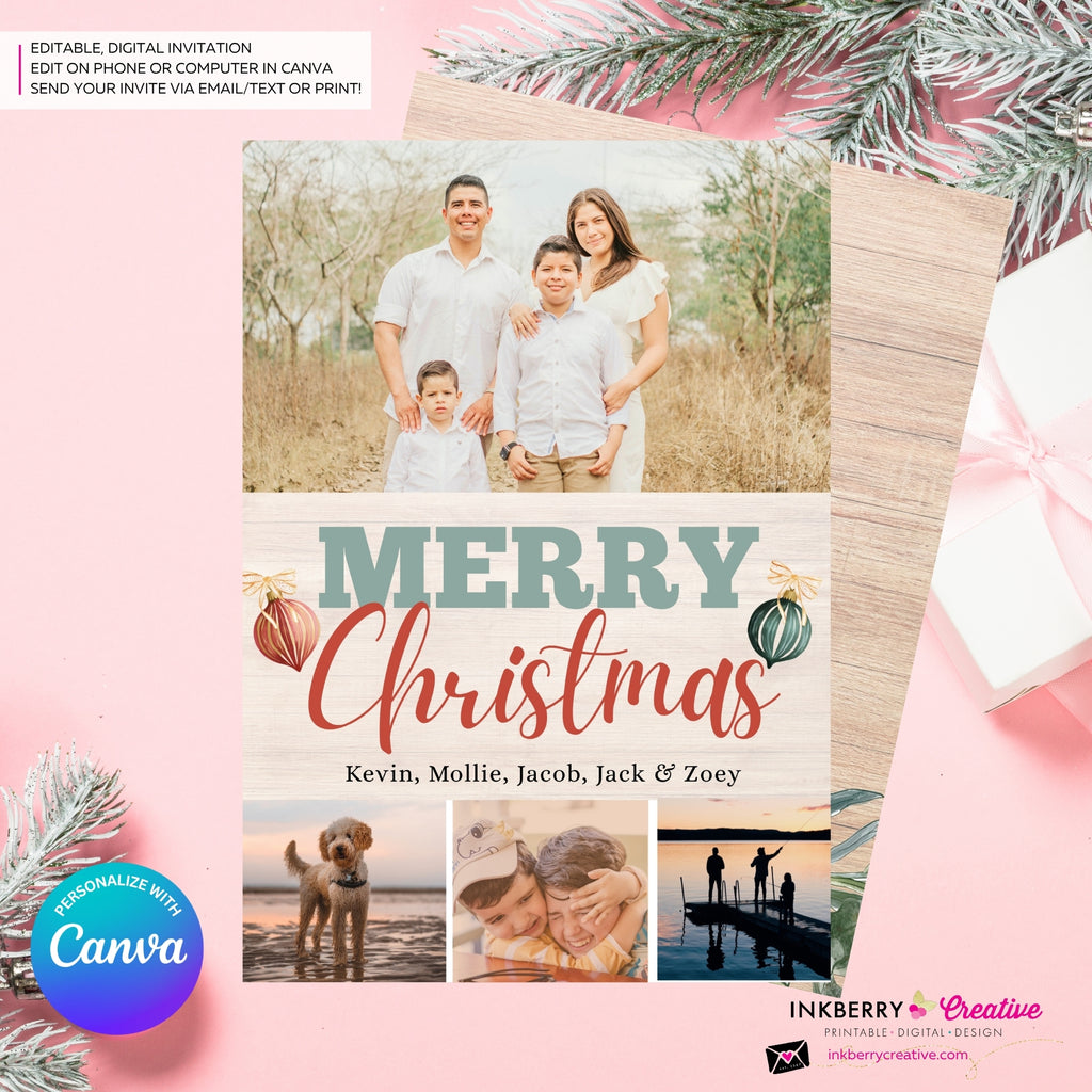 Merry Christmas Vintage Ornaments Woodgrain 4 Photo Holiday Card, Family Photo Card, Custom Colors, Email Christmas Card, Editable in Canva