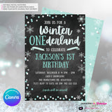 Whimsical Winter Wonderland 1st Birthday Invite - Snowflake Chalkboard Theme - ONEderland - Aqua Blue Silver, Personalize and Edit in Canva