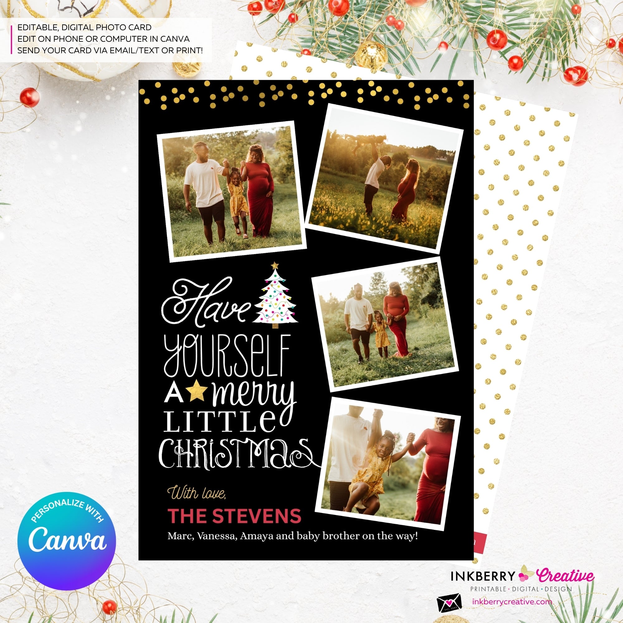 Merry Little Christmas Snapshots 4 Photo Christmas Card, Family Holiday Photo Card, Multi-photo, Email Christmas Card, Editable in Canva