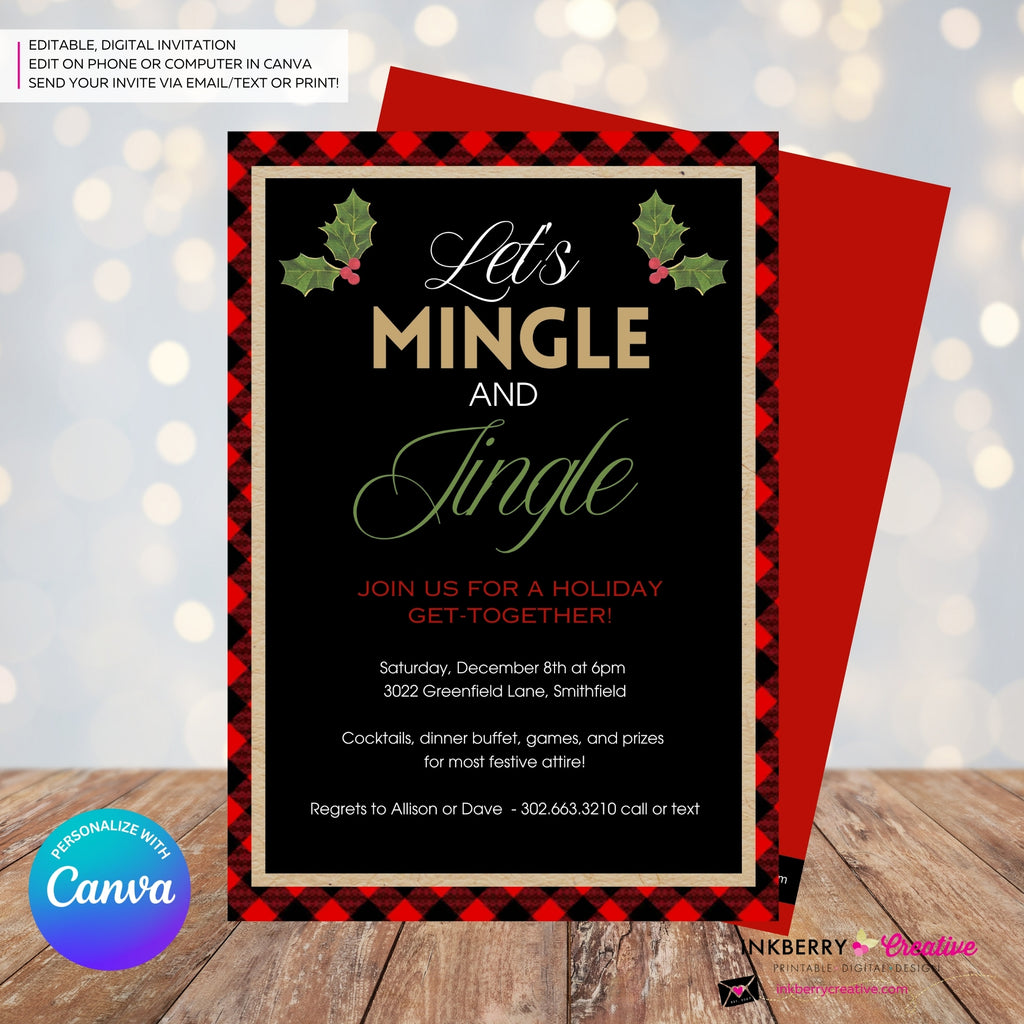 Mingle Jingle Buffalo Plaid Christmas Party Invitation - Editable in Canva