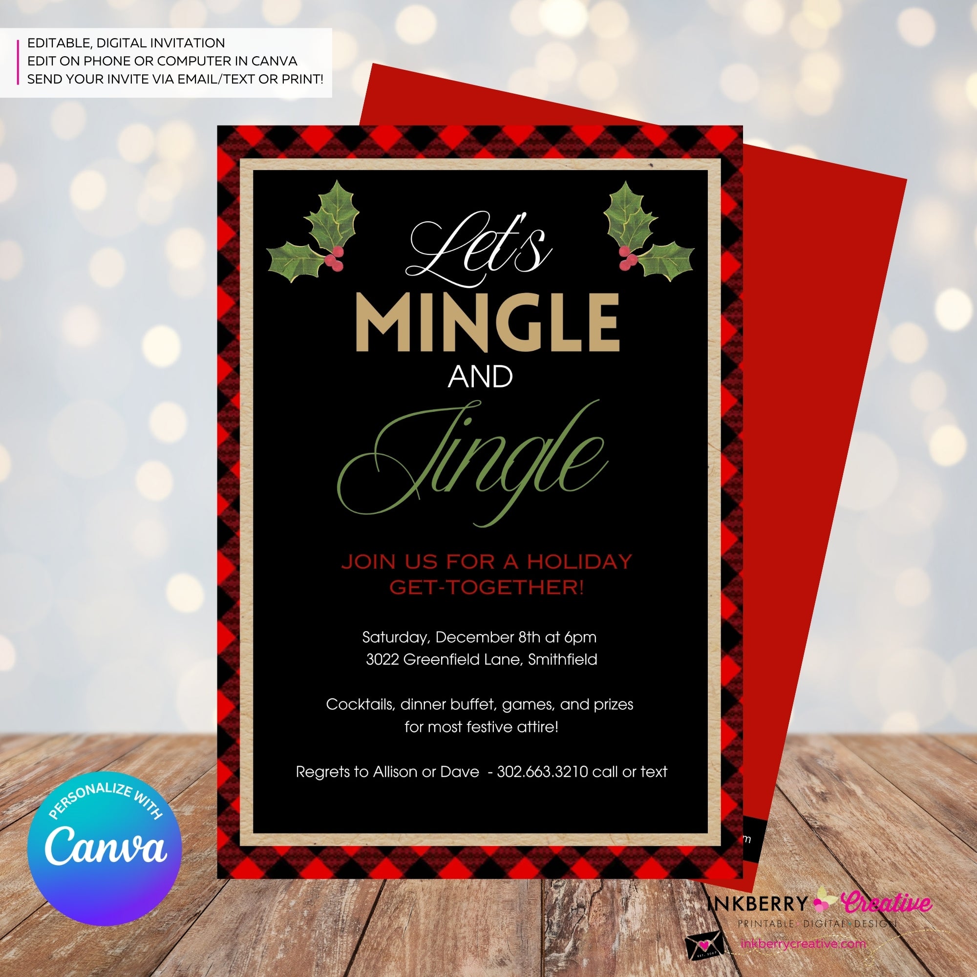 Mingle Jingle Buffalo Plaid Christmas Party Invitation - Editable in Canva