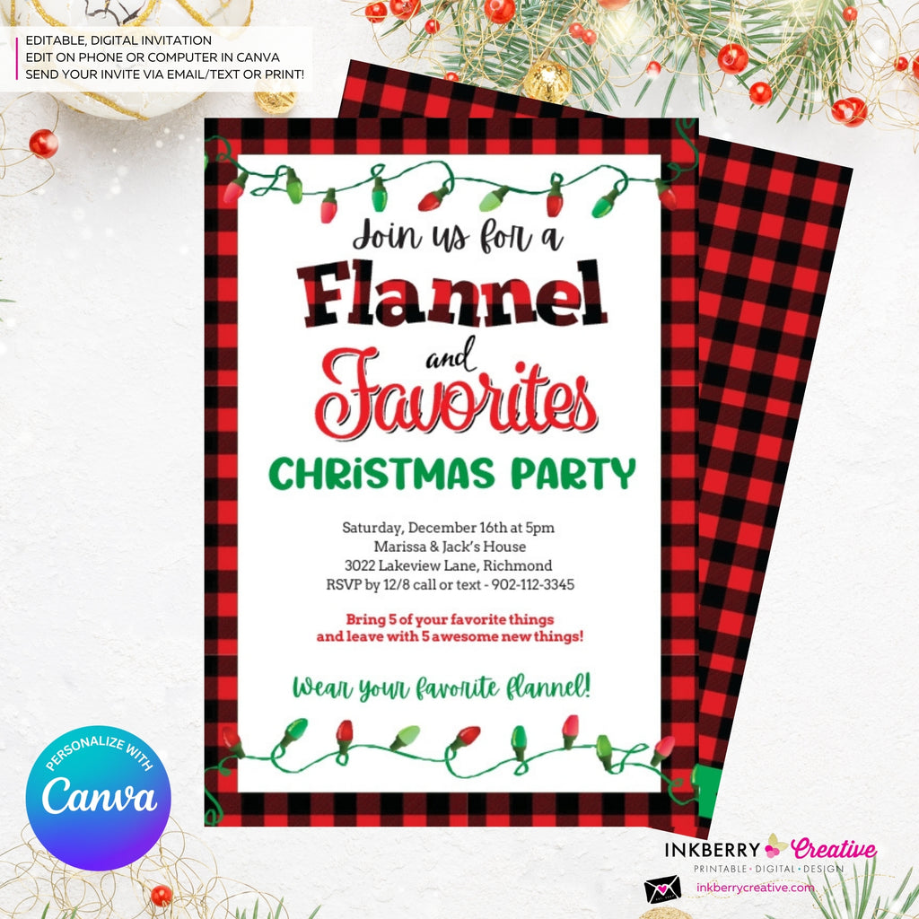 Christmas Flannel and Favorites Party Invitation - Editable in Canva