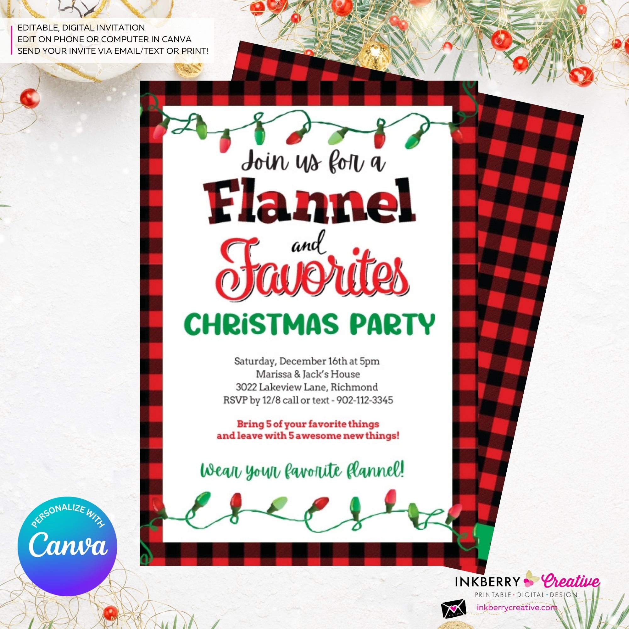 Christmas Flannel and Favorites Party Invitation - Editable in Canva