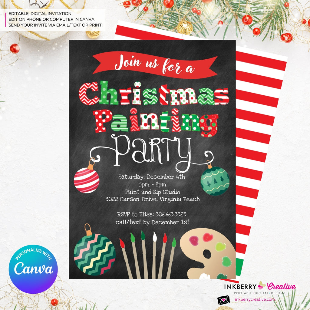 Christmas Painting Party Invitation - Chalkboard - Editable in Canva