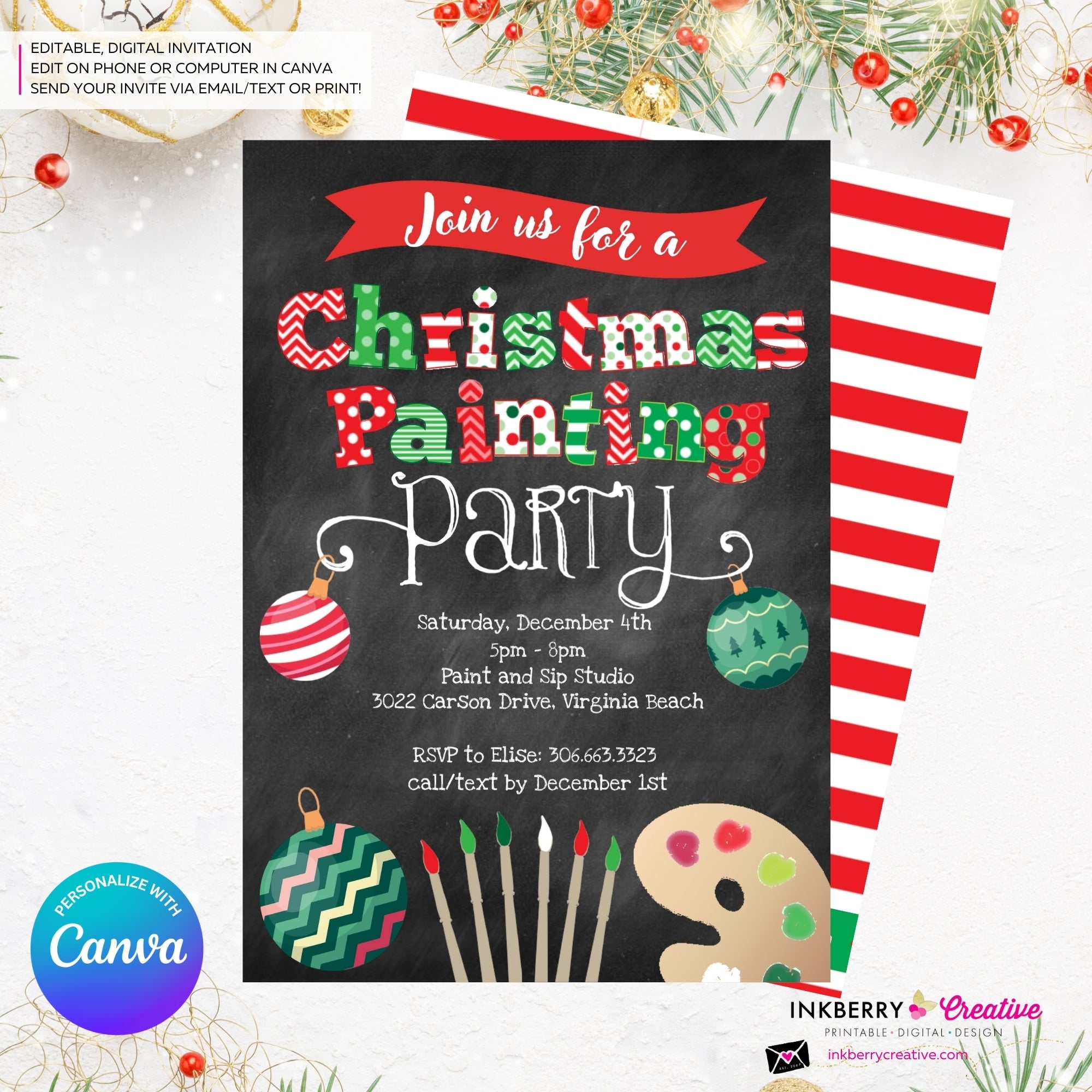 Christmas Painting Party Invitation - Chalkboard - Editable in Canva