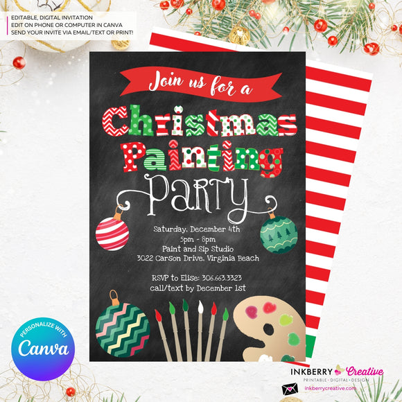 Christmas Painting Party Invitation - Chalkboard - Editable in Canva
