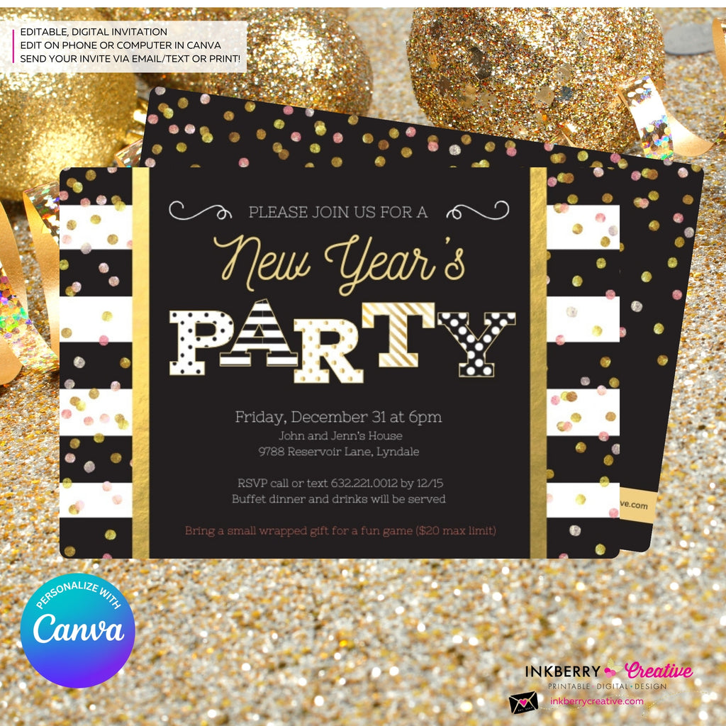 New Year's Eve Party Invitation, Black White Stripe, Black Gold Confetti Patterns, Printable Invite, Instant Download, Edit in Canva