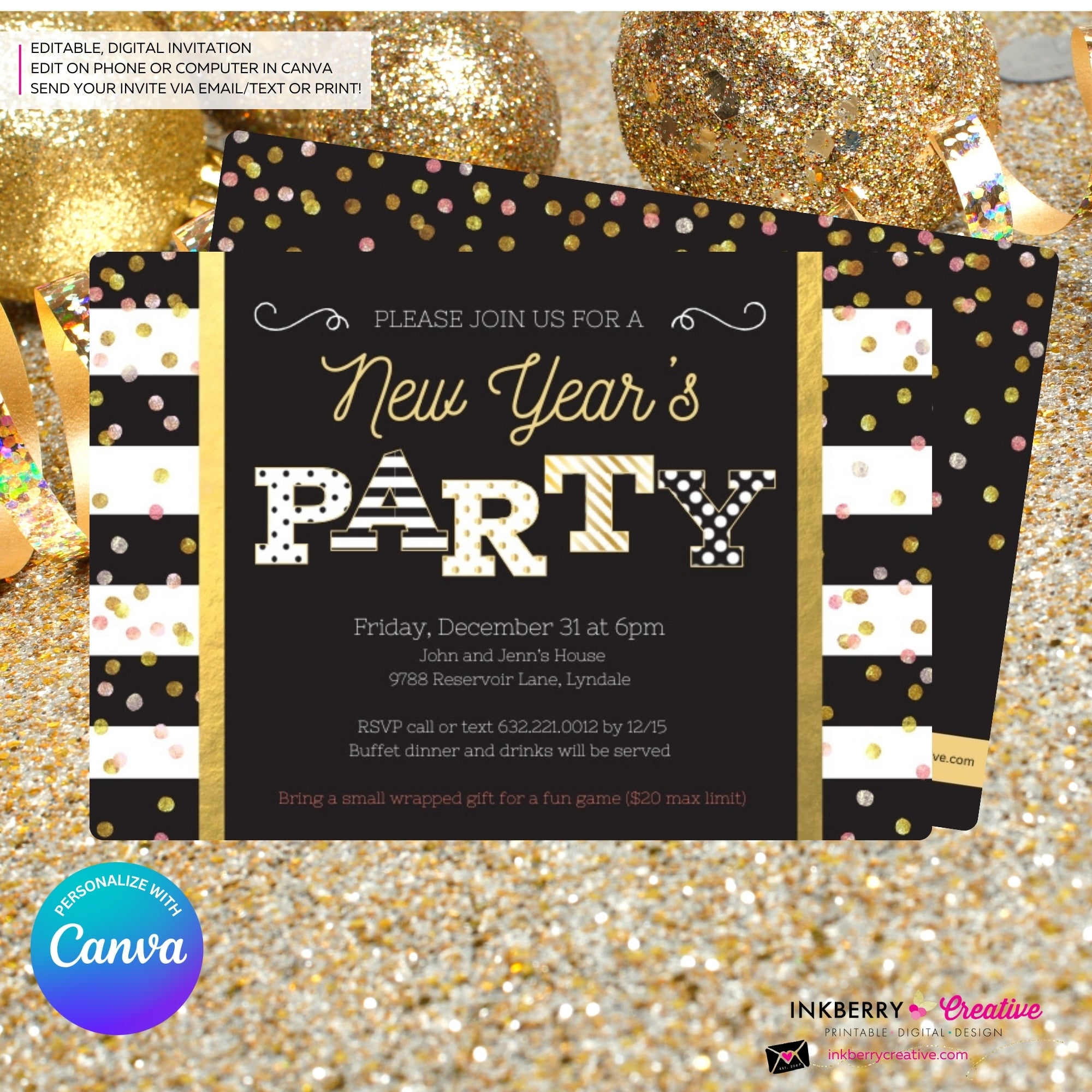 New Year's Eve Party Invitation, Black White Stripe, Black Gold Confetti Patterns, Printable Invite, Instant Download, Edit in Canva
