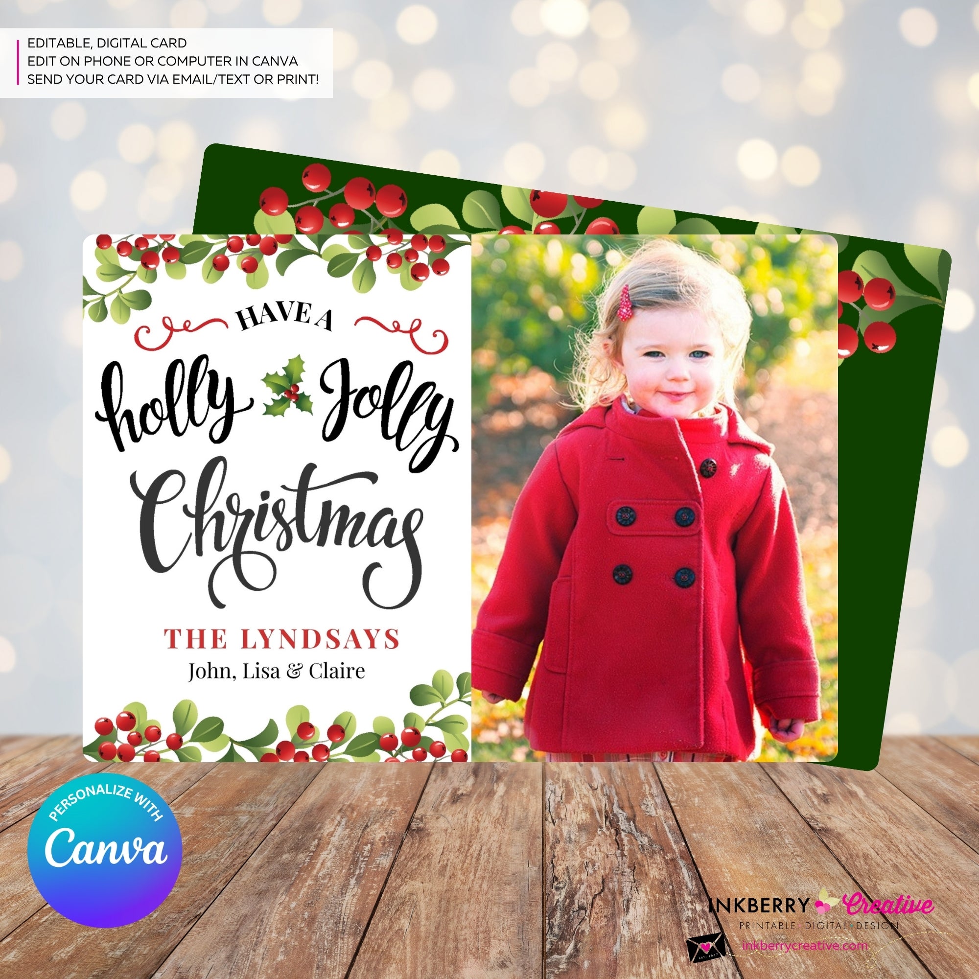 Holly Jolly Script Christmas Photo Card, Family Holiday Photo Card, Custom Colors, Email Christmas Card, Editable in Canva