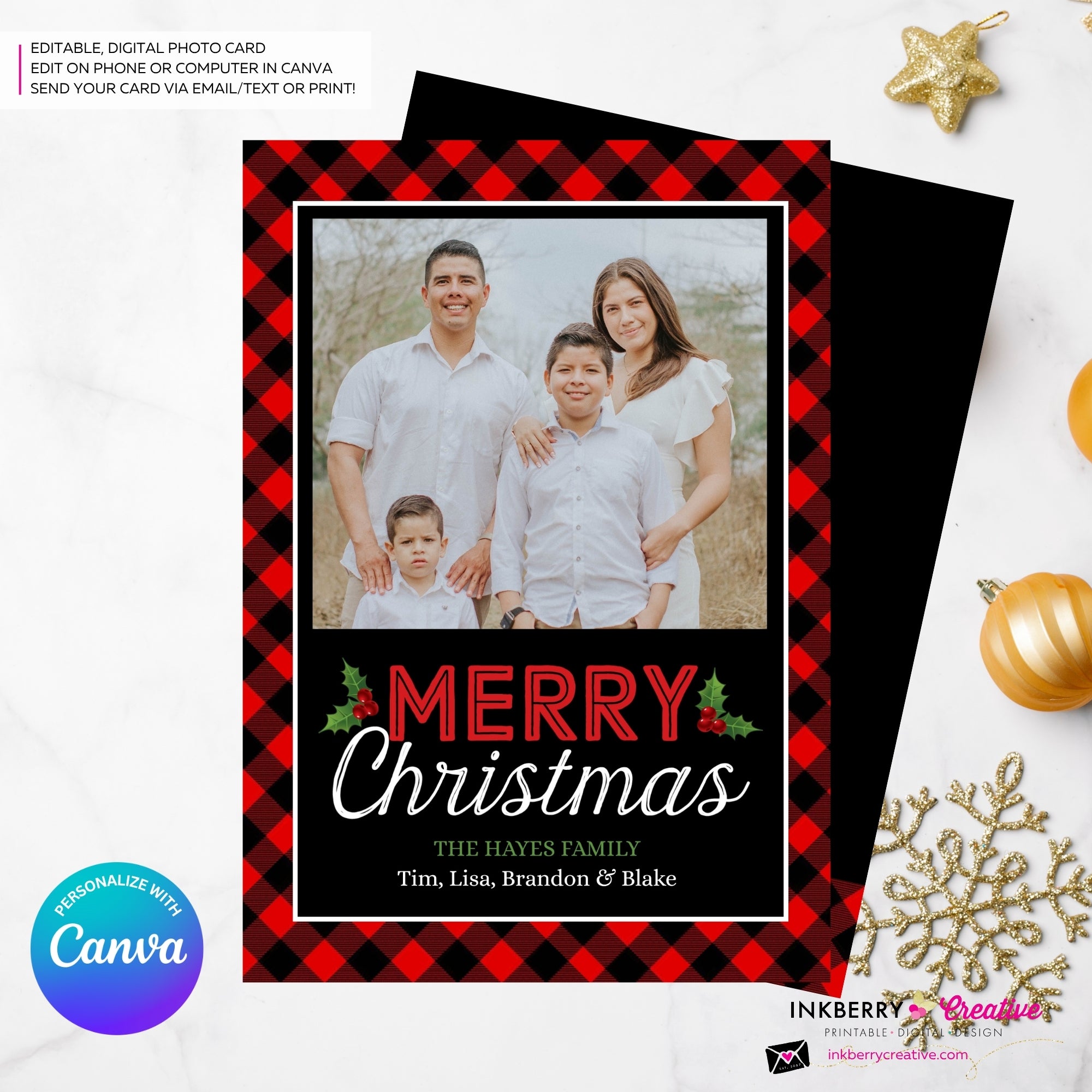 Red and Black Buffalo Check Plaid Christmas Photo Card, Family Holiday Photo Card, Custom Colors, Email Christmas Card, Editable in Canva