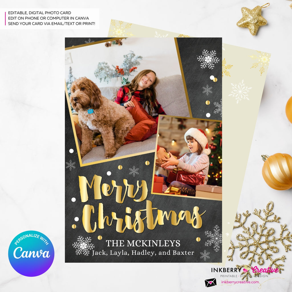 Chalkboard Silver and Gold Snow Merry Christmas Photo Card - Edit in Canva
