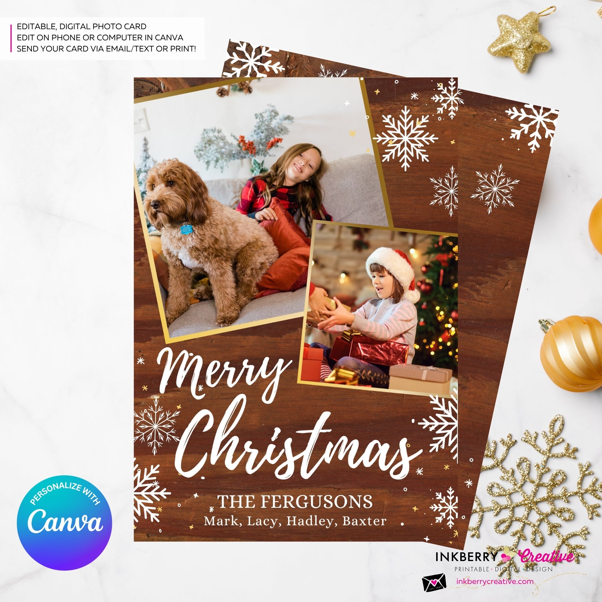 Woodgrain Gold and Snowflakes Christmas Photo Card, Family Holiday Photo Card, Custom Colors, Email Christmas Card, Editable in Canva