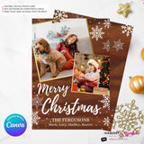 Woodgrain Gold and Snowflakes Christmas Photo Card, Family Holiday Photo Card, Custom Colors, Email Christmas Card, Editable in Canva