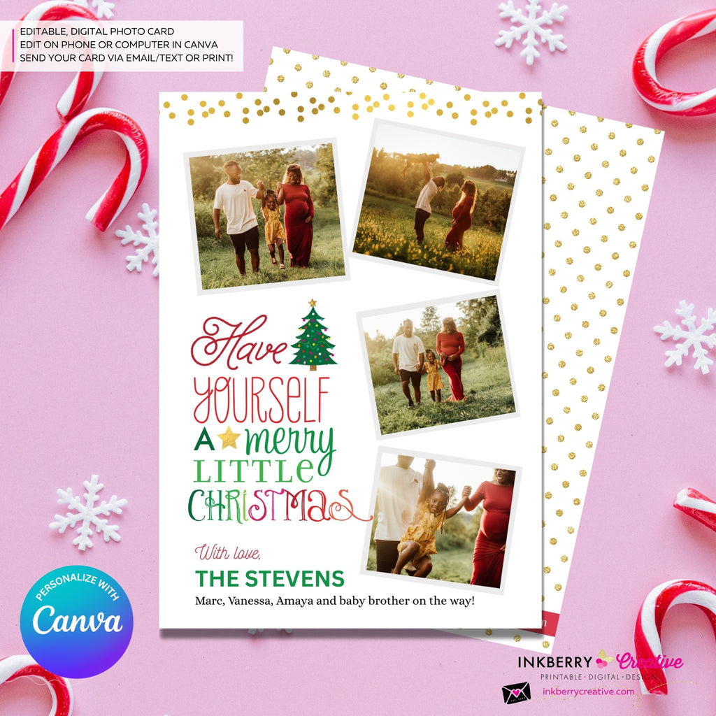Merry Little Christmas Snapshots 4 Photo Christmas Card, Family Holiday Photo Card, Multi-photo, Email Christmas Card, Editable in Canva