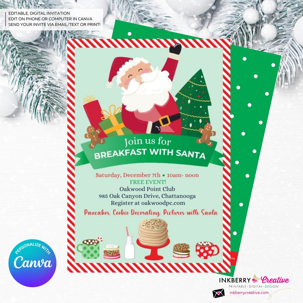 Breakfast with Santa - Pancakes, Cocoa and Cookies - Editable in Canva