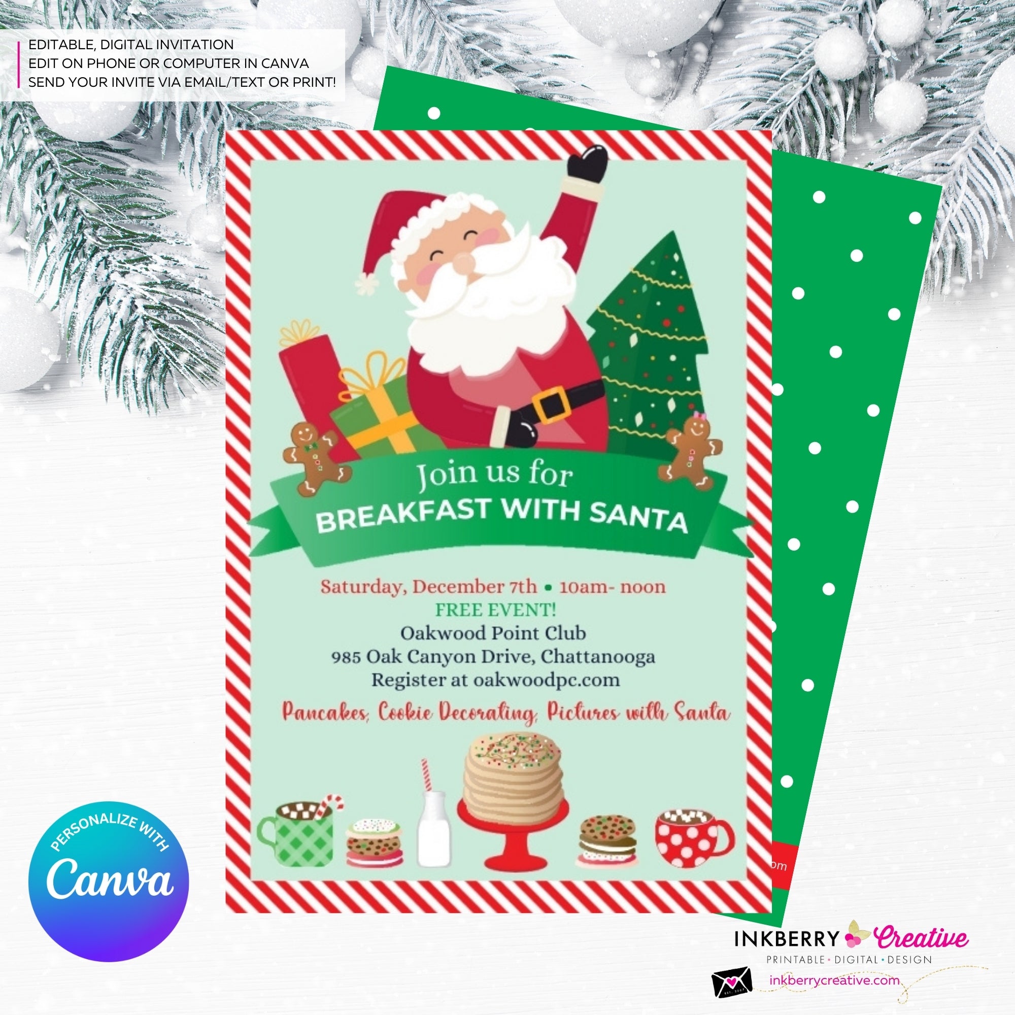 Breakfast with Santa - Pancakes, Cocoa and Cookies - Editable in Canva