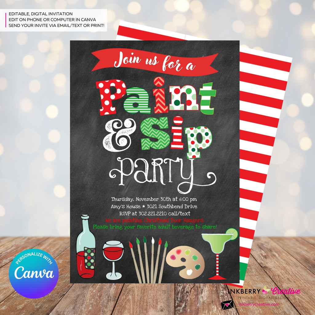 Christmas Paint & Sip Invitation - Editable in Canva