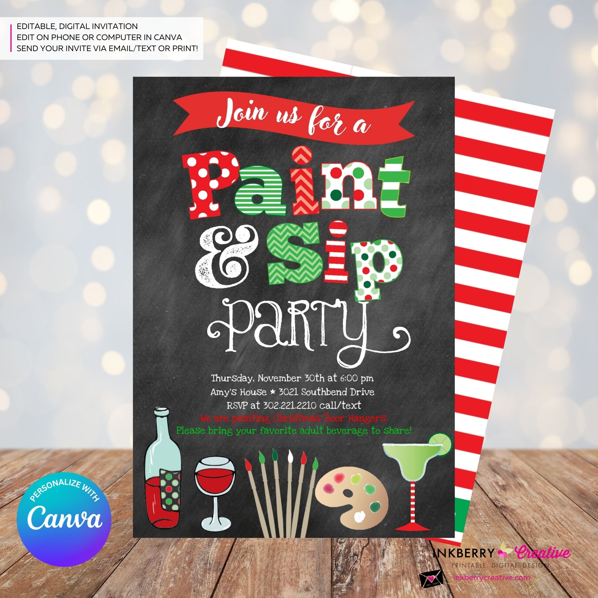 Christmas Paint & Sip Invitation - Editable in Canva