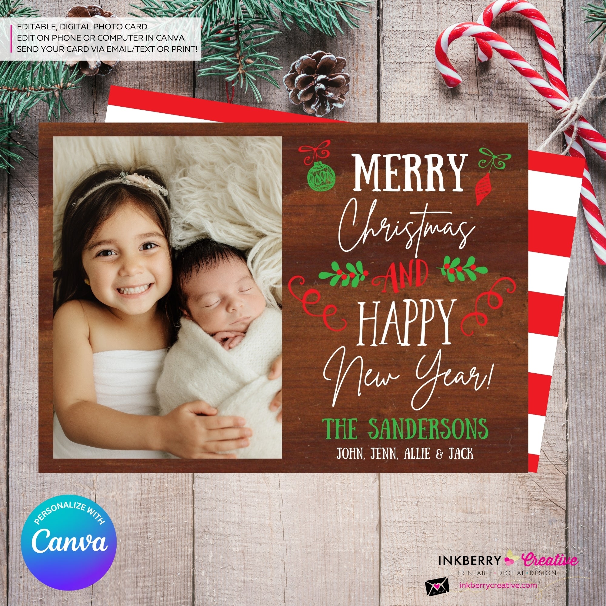 Woodgrain Ornament Doodles Christmas Photo Card, Family Holiday Photo Card, Custom Colors, Email Christmas Card, Editable in Canva