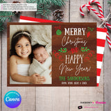 Woodgrain Ornament Doodles Christmas Photo Card, Family Holiday Photo Card, Custom Colors, Email Christmas Card, Editable in Canva