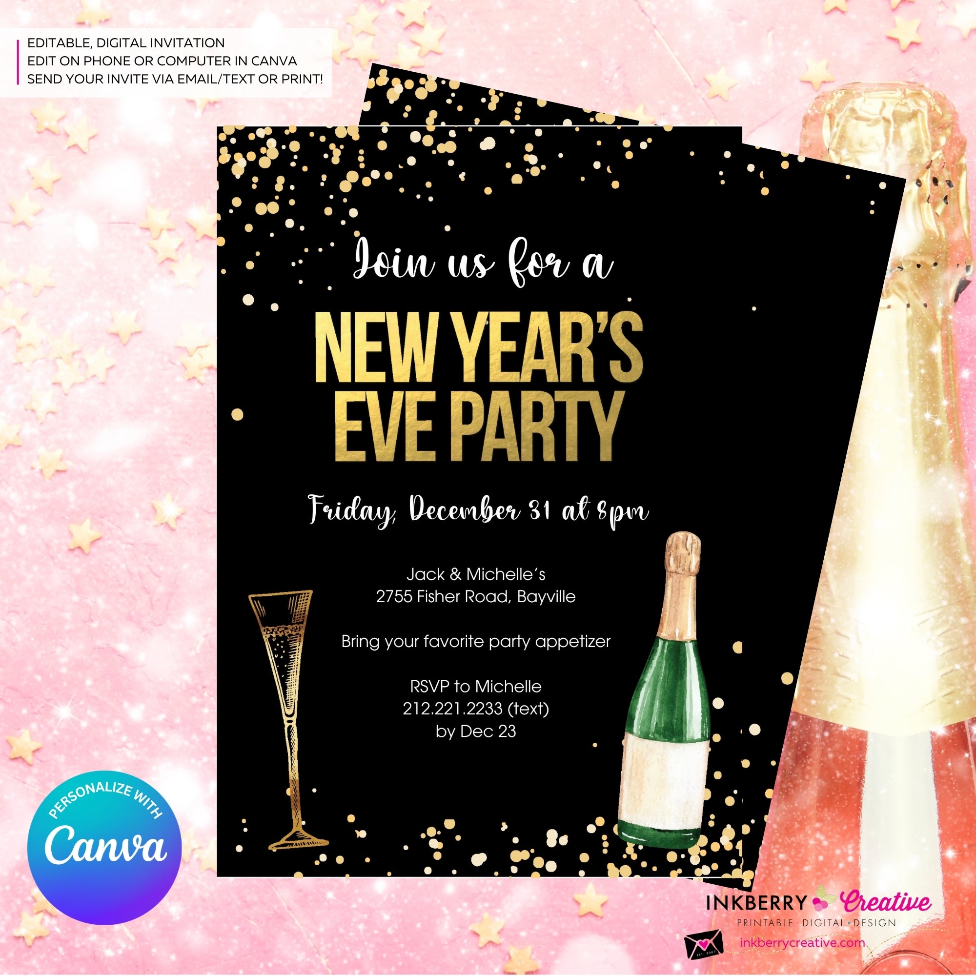 New Year's Eve Black Gold Confetti Champagne Party Invitation - Editable in Canva