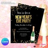 New Year's Eve Black Gold Confetti Champagne Party Invitation - Editable in Canva