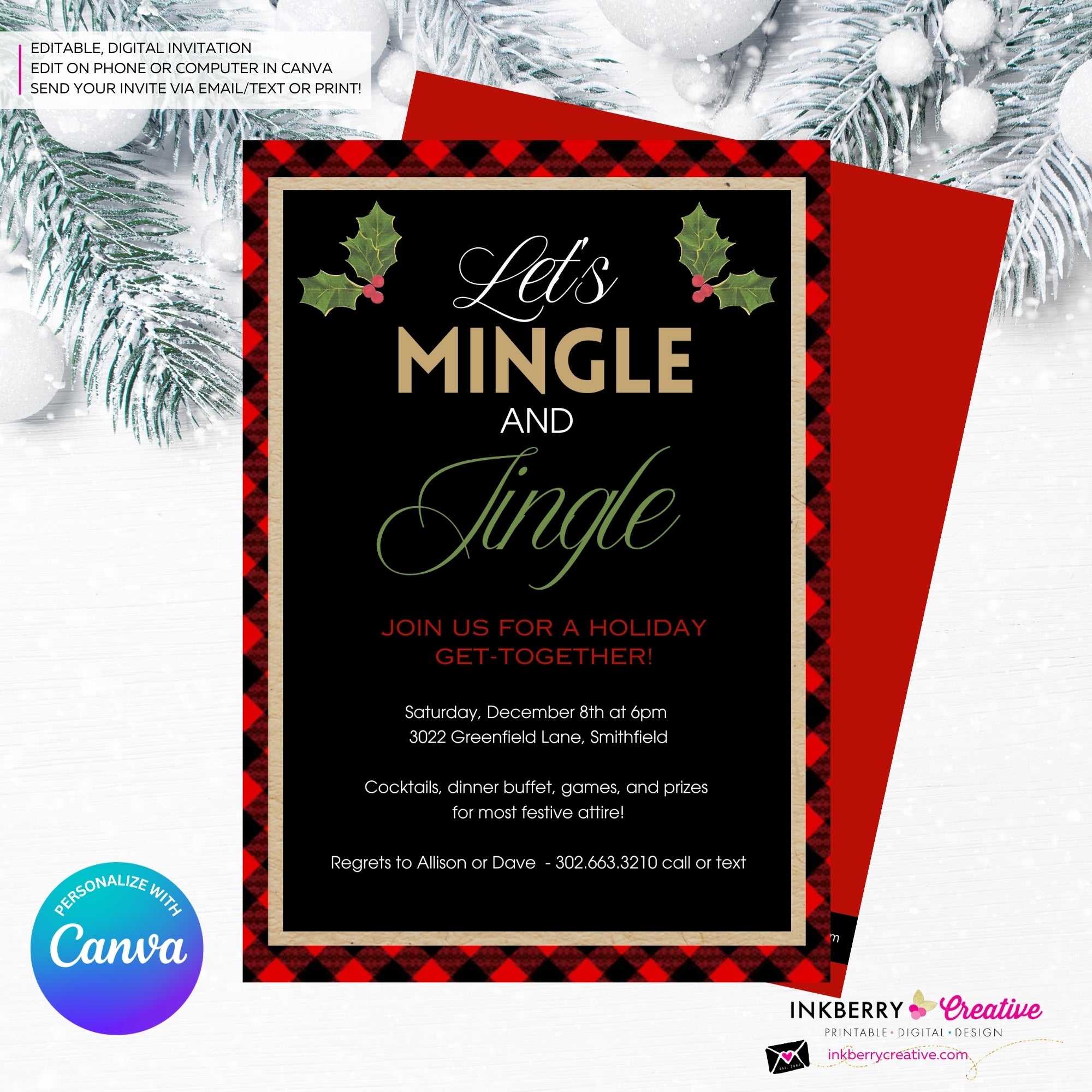 Mingle Jingle Buffalo Plaid Christmas Party Invitation - Editable in Canva