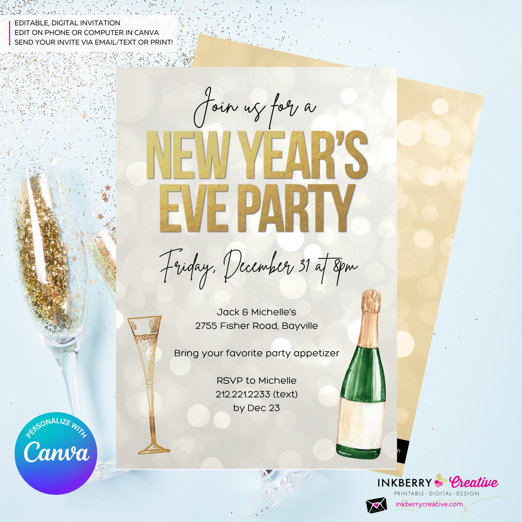 New Year's Eve Gold Champagne Party Invitation - Editable in Canva