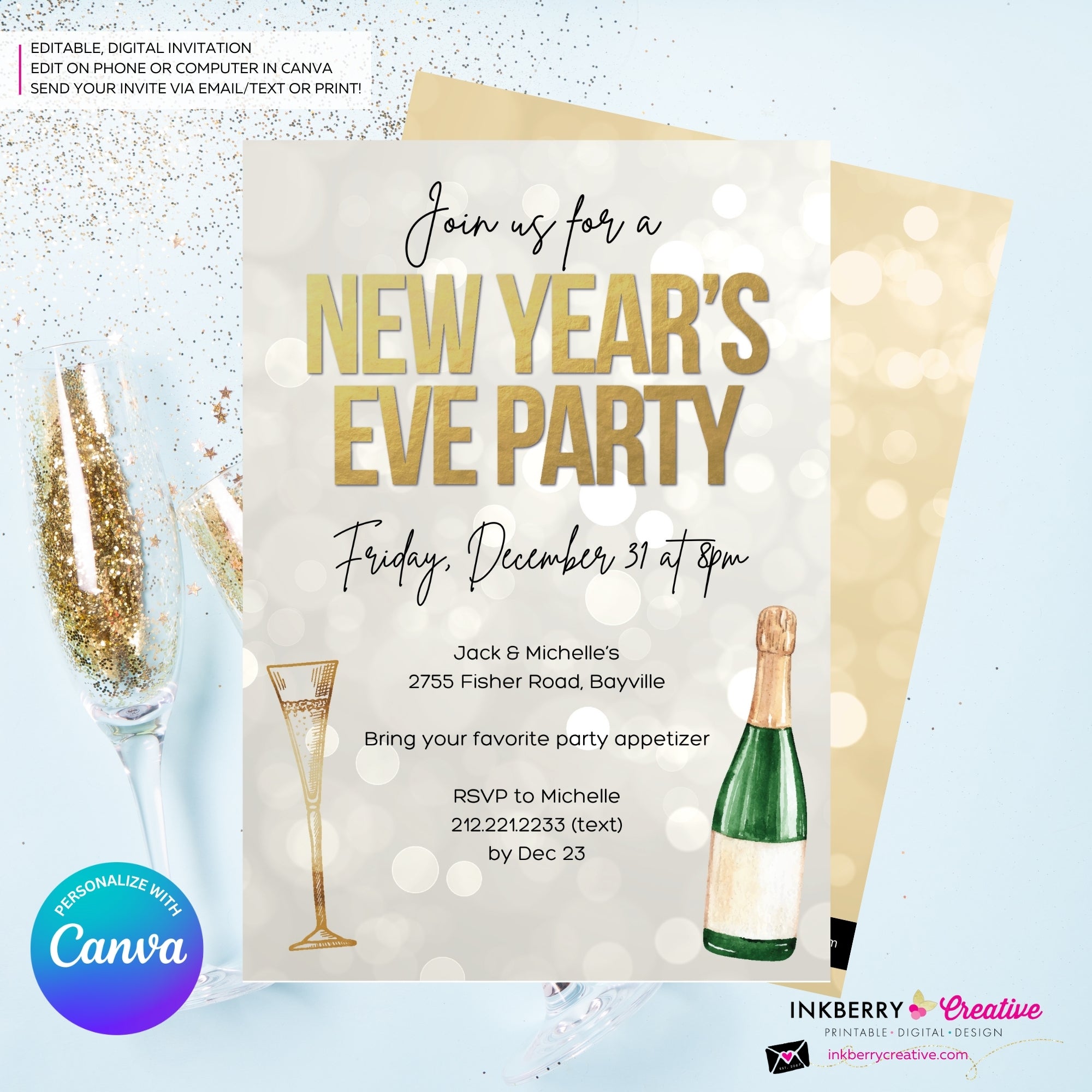 New Year's Eve Gold Champagne Party Invitation - Editable in Canva