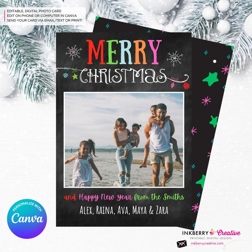 Chalkboard Ornaments Merry Christmas Photo Card, Family Holiday Photo Card, Email Christmas Card, Editable in Canva