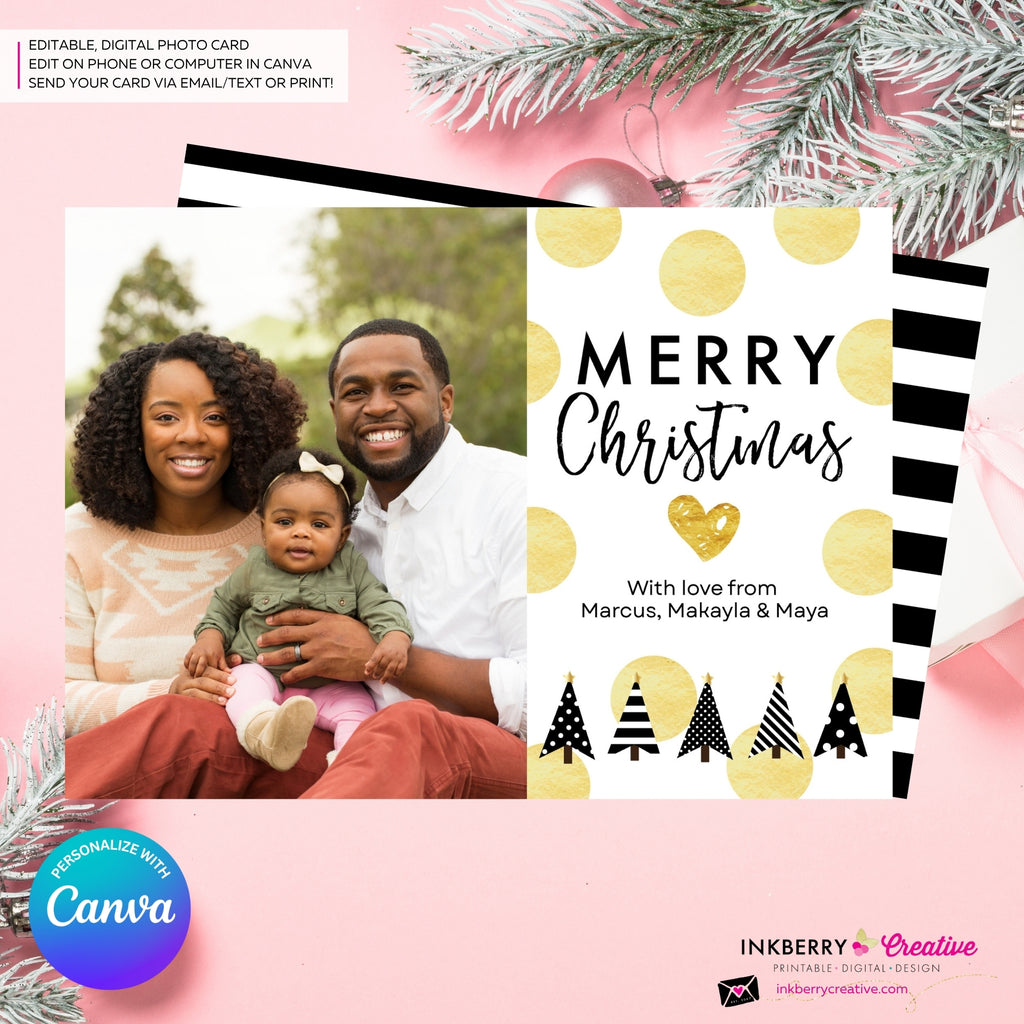 Gold Polka Dot Modern Trees - Black White Gold Patterns - Christmas Photo Card - Edit in Canva
