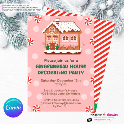 Gingerbread House Decorating Peppermints & Sprinkles Party Invitation - Editable in Canva