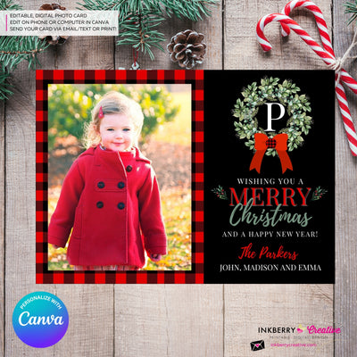 Family Monogram Buffalo Check Christmas Wreath Photo Card, Family Holiday Photo Card, Custom Colors, Email Christmas Card, Editable in Canva