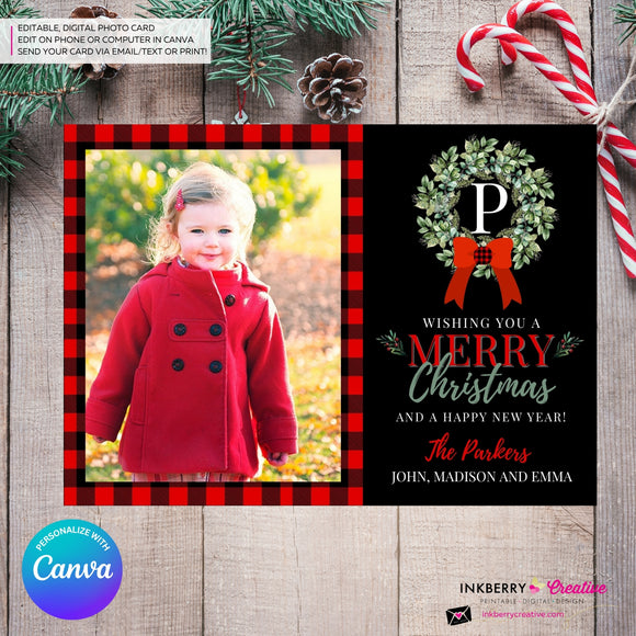 Family Monogram Buffalo Check Christmas Wreath Photo Card, Family Holiday Photo Card, Custom Colors, Email Christmas Card, Editable in Canva