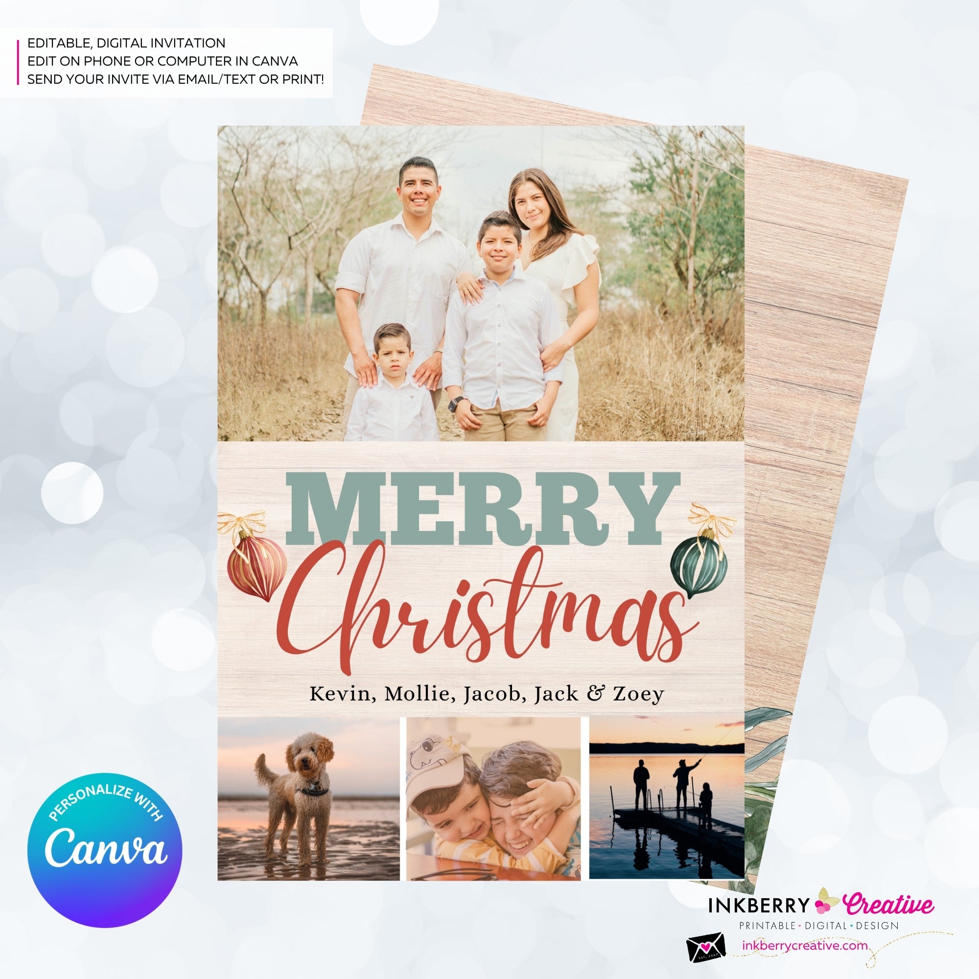 Merry Christmas Vintage Ornaments Woodgrain 4 Photo Holiday Card, Family Photo Card, Custom Colors, Email Christmas Card, Editable in Canva