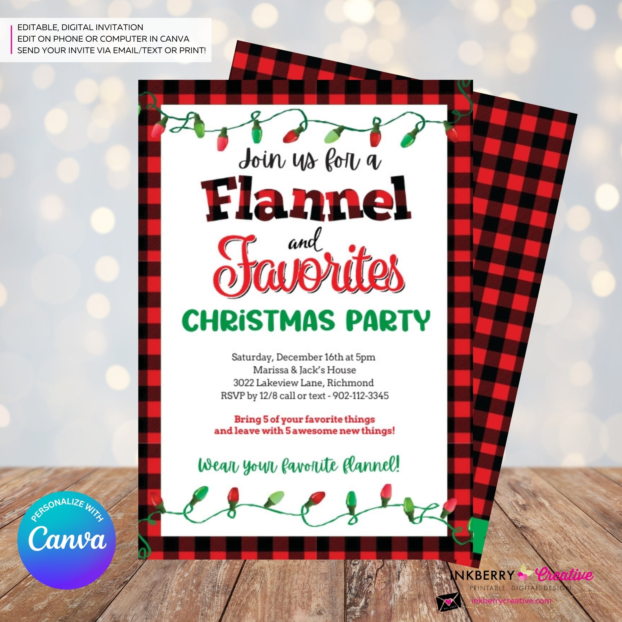 Christmas Flannel and Favorites Party Invitation - Editable in Canva
