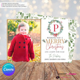 Family Monogram Colorful Christmas Wreath Photo Card, Family Holiday Photo Card, Custom Colors, Email Christmas Card, Editable in Canva